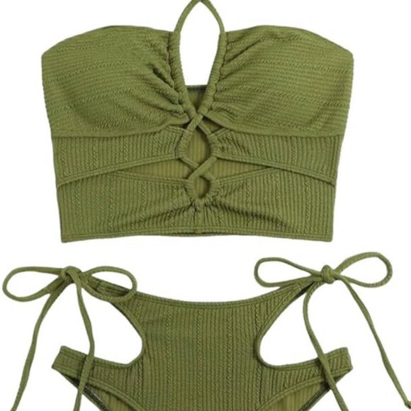 Green Strappy Cutout Tankini/Bikini Swimsuit - Picture 4 of 5